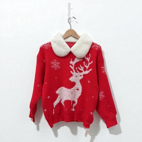 NWT J.ING Jing Red Pullover Oversize Christmas Sweater w/ White Collar One Size - Picture 9 of 9